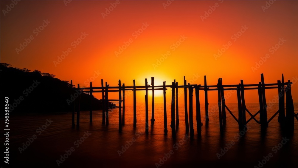A bright sunset shines through the fishing structures in the water.