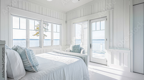 White coastal cottage bedroom decor  interior design and home decor  bed with elegant bedding and bespoke furniture  English country house and holiday rental