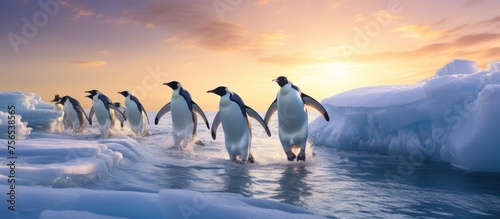 A group of penguins are gracefully walking across the liquid surface of a lake, under the clear sky and fluffy clouds, in a stunning natural landscape