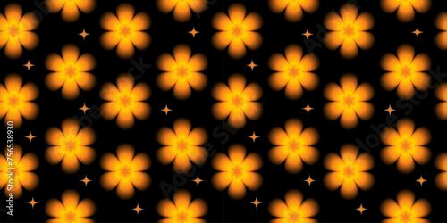 Seamless pattern with aura gradient flowers in yellow colors on dark background. Vector y2k design with blurry effect illustration for textile, wrapping paper, fabric, wallpaper, cover