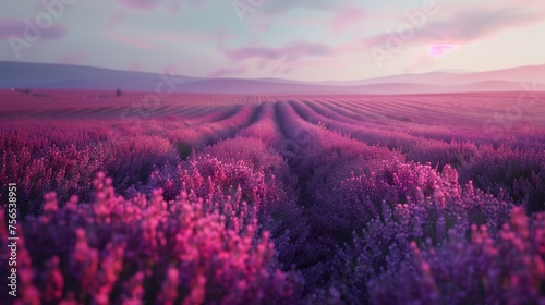 A vast lavender field in full bloom, creating a sea of purple stretching towards the horizon.