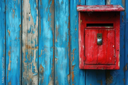 Vintage House Communication: Retro Red Mailbox on Blue Wooden Background © AIGen