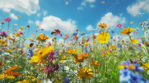 A vibrant field of wildflowers in various colors  buzzing with bees and butterflies under a clear blue sky.