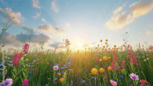 A vibrant field of wildflowers bathed in the warm glow of the setting sun  with fluffy clouds drifting across a clear blue sky.