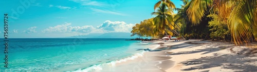 beautiful beach with palm trees in summer panoramic 32:9