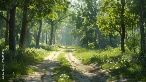A winding dirt road disappearing into a dense forest on a sunny summer day, with sunlight dappling the leaves.