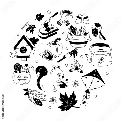 A harvest vector encompassing thanksgiving meals, halloween treats, harvest crops and other autumn elements 