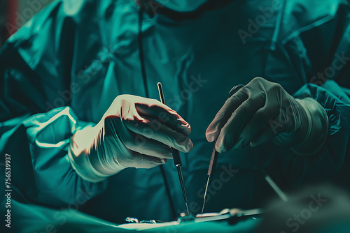 Surgeon using medical surgical instruments in darkoperating room photo