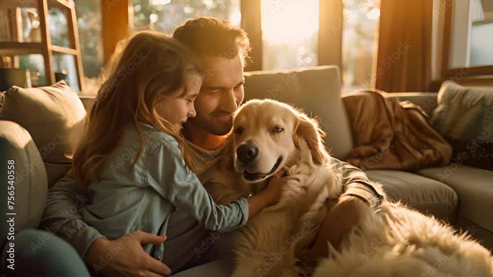 A family hug a white dog in the living room A family hug a white dog in the living room