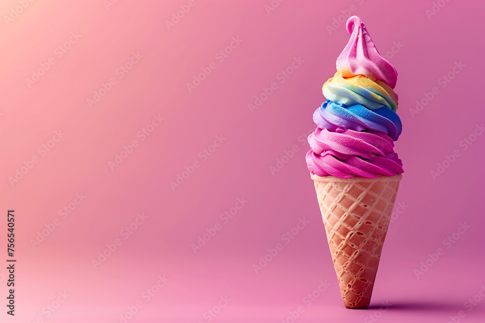 Rainbow color ice cream in a cone on a pink background, pride celebration, banner Rainbow color ice cream in a cone on a pink background, pride celebration, banner