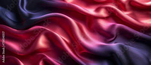 Silk satin background with copy space for text or product. Wavy soft folds on bright magenta fabric. Valentine, Christmas, Anniversary, Black Friday. Web banner. Top view. photo