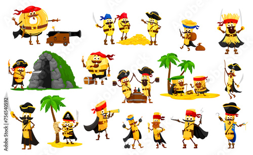 Cartoon funny italian pasta pirate and corsair characters, vector Italy macaroni food. Cute noodle, gnocchi, vermicelli and papardelle, cavatelli, radioatore and paccheri personages with pirate hats