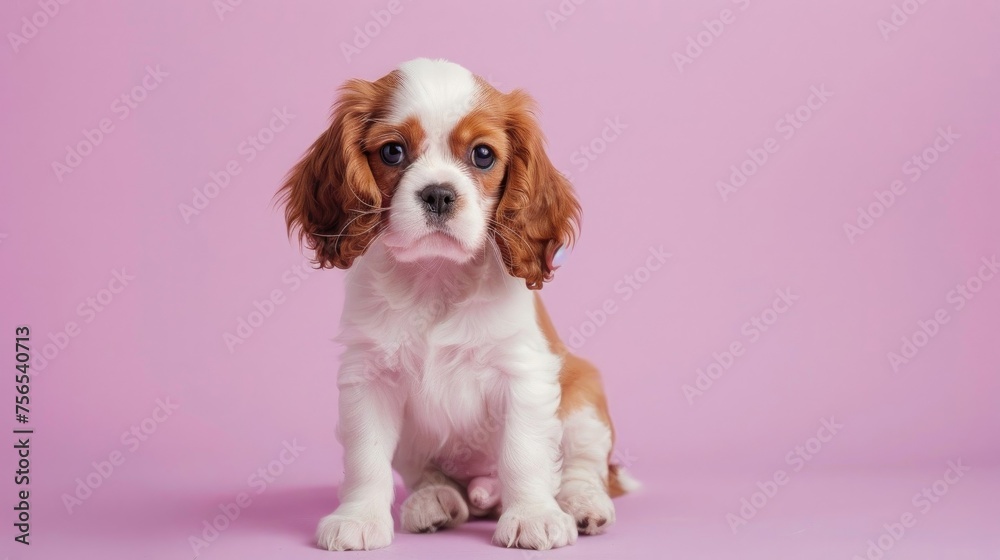 Photo portrait of a cute King Charles spaniel puppy on a soft purple background