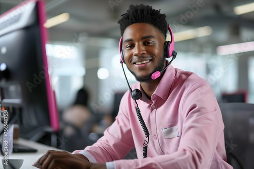 A man with a bright smile, wearing a pink shirt and headphones, is sitting at a desk in front of a computer, likely working on engineering or audiorelated job tasks photo