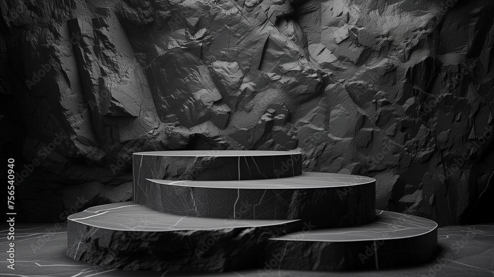 Black podium stone background rock product display 3d dark stand platform abstract stage scene studio. Stone wall black space podium mockup