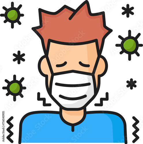 Phobia problem, psychology problem, verminophobia mental anxiety thin line color icon. Fear problem, phobia or mental disorder linear vector symbol with man in face mask scared microbes and viruses