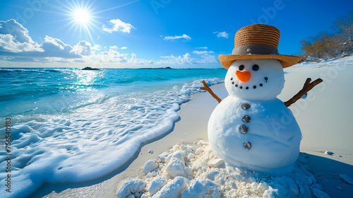 Snowman on a Beach. Sunny Illusion. Frosty Friend on the Shore