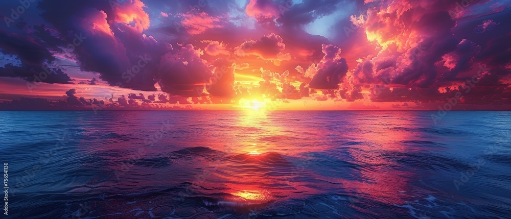 Sunset in a cloudy sky over the sea. RGB color background. Day and night. Idyllic. Vacation. Colorful sky. Copy space. Web banner. Wide. Long. Panoramic. Cover.