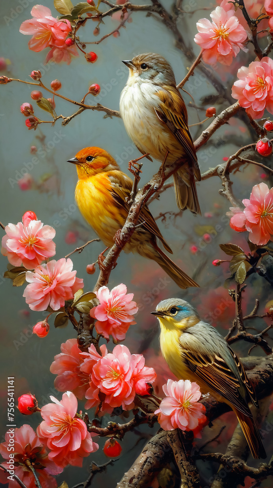 Colorful Bird. Songbird in Cherry Blossoms