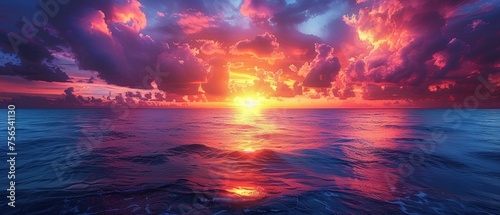 Sunset in a cloudy sky over the sea. RGB color background. Day and night. Idyllic. Vacation. Colorful sky. Copy space. Web banner. Wide. Long. Panoramic. Cover.