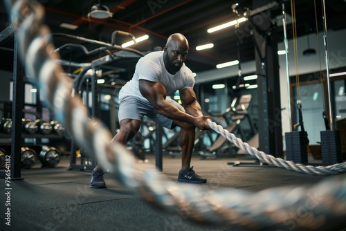 A man is engaging in a recreational activity by pulling a rope in the gym, demonstrating his strength and agility in sports equipment