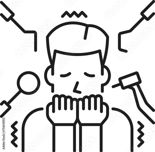 Human dentophobia phobia icon, mental health. Fear of dentist, people psychology problem, mental disorder thin line vector icon or outline pictogram with man scared of dentist tools
