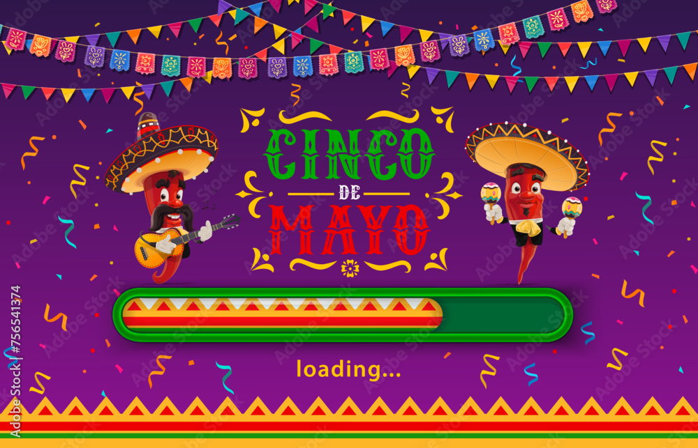 Mexican Cinco de Mayo holiday loading page celebration. Traditional latin festival background, Cinco de Mayo party flyer or carnival vector background with chili pepper mariachi musicians characters