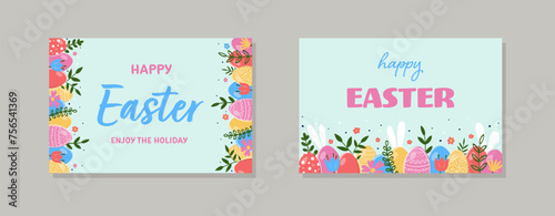 A set of hand drawn Easter cards design. Concept of a background with ornate eggs, rabbits and flowers. Vector illustration © Karolina Madej