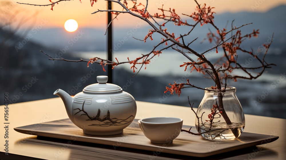 Tea Moments. Teapot and Steeping Tea Leaves - obrazy, fototapety, plakaty 