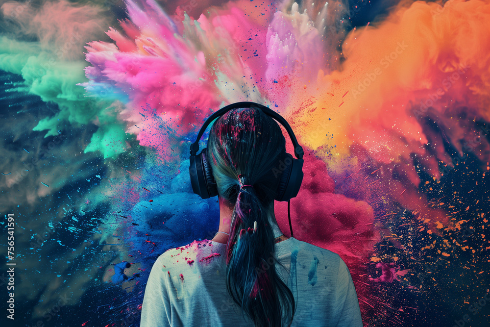 a person with headphones and colour explosion in the background a person with headphones and colour explosion in the background
