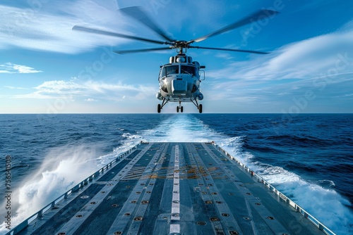 Helicopter hovering above a ship's deck with dynamic ocean views photo
