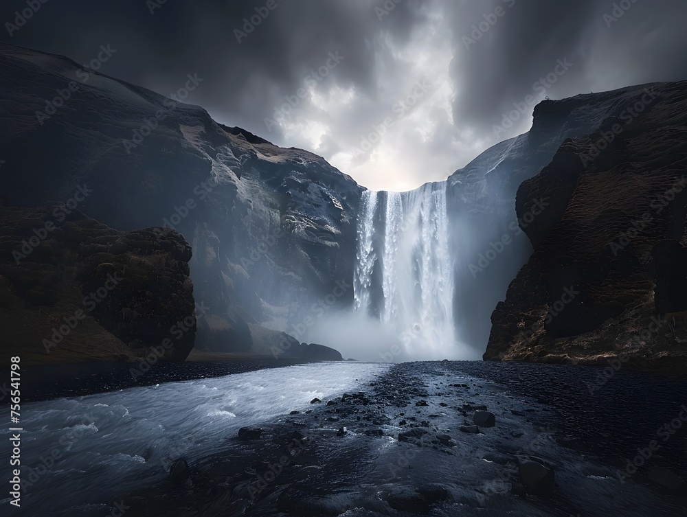Low angle drone shot of Skógafoss Falls under a dark moody sky, capturing the essence of Icelandic landscape with Sony Alpha A7 III.