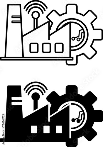 Industry 4.0 icons. Black and White Vector Icons. Industrial Building, Wi-Fi Network, and Gear. Fourth Industrial Revolution. Smart Factory. Concept of Technology and Innovation