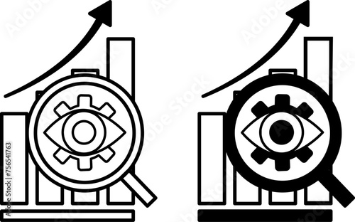 Predictive Analytics icons. Black and White Vector Icons. Eye in Magnifying Glass and Diagram. Finance and Data Analytics Concept