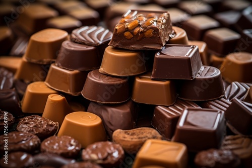 Assortment of delicious chocolate in macro perspective, various forms and flavors