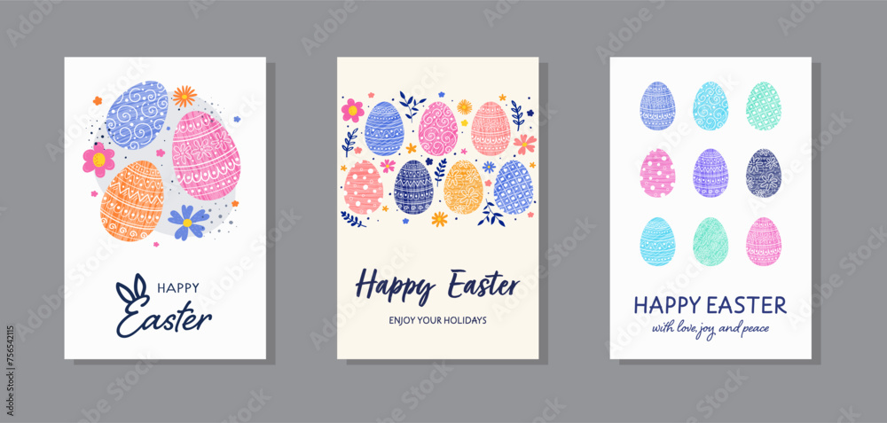 Easter background concept. Greeting card with eggs and flowers. Collection. Vector illustration