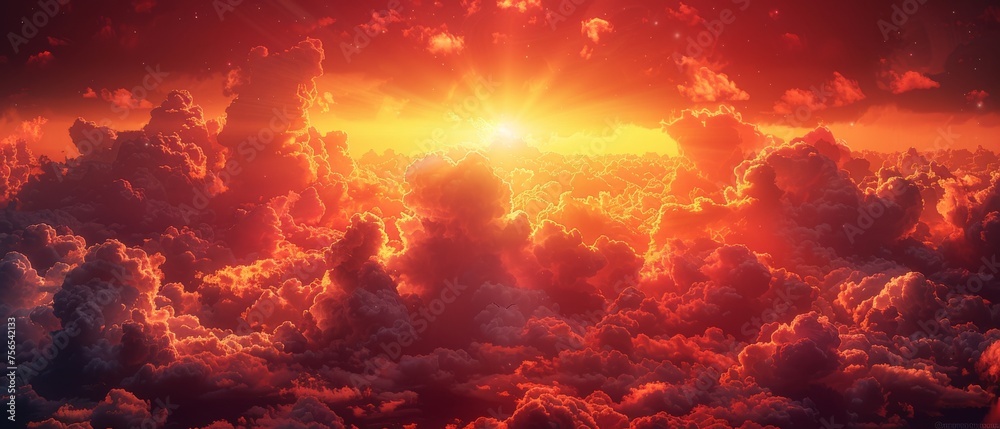 Background of red sky with clouds. The sunset background has copy space for design. Concept of horror, catastrophe, armageddon, war, terror, terrorism, disaster, end of the world, concept.