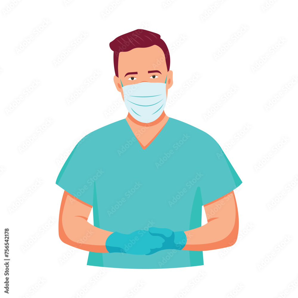 Male doctor wearing a mask in flat style. Medical personnel are ready to help. Profession to help. Save human life. Male doctor wearing a mask in flat style. Medical personnel are ready to help. Profession to help. Save human life.