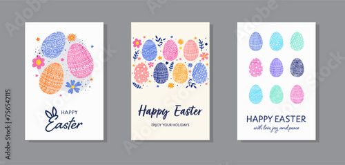 Easter background concept. Greeting card with eggs and flowers. Collection. Vector illustration