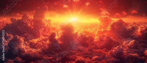 Background of red sky with clouds. The sunset background has copy space for design. Concept of horror, catastrophe, armageddon, war, terror, terrorism, disaster, end of the world, concept.