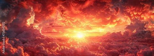 There is a red sky with clouds in the background with space for design on top. A fiery red sunset background with copy space for design. This image conveys the concept of horror, cataclysm, end of