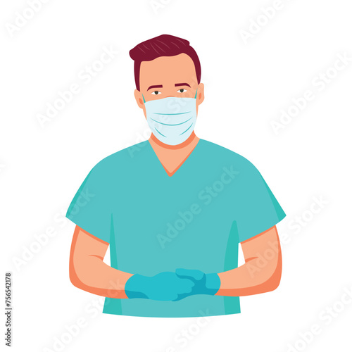 Male doctor wearing a mask in flat style. Medical personnel are ready to help. Profession to help. Save human life.