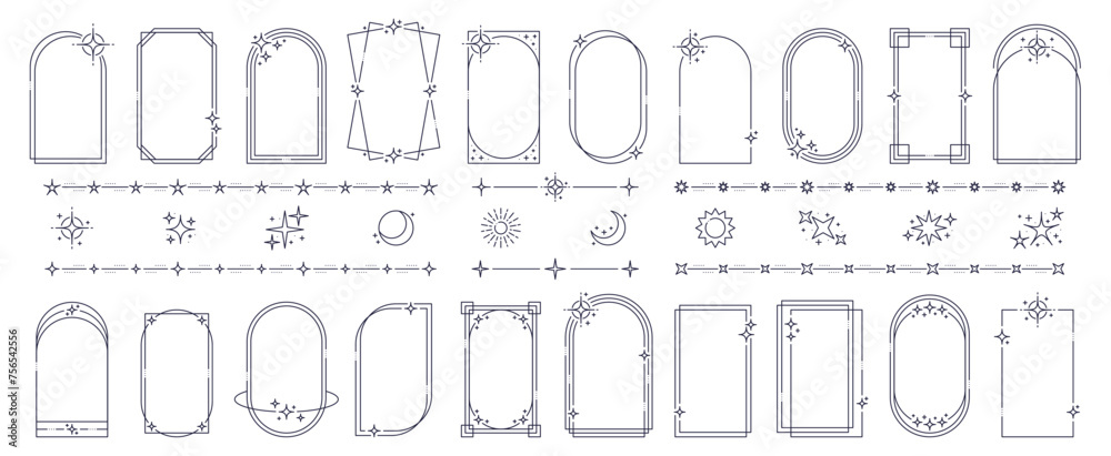 Minimal line frames and borders with star twinkles and sparkles, vector geometric shapes. Simple minimal outline frames and line art borders or arches and circles with moon, sun and star sparkles