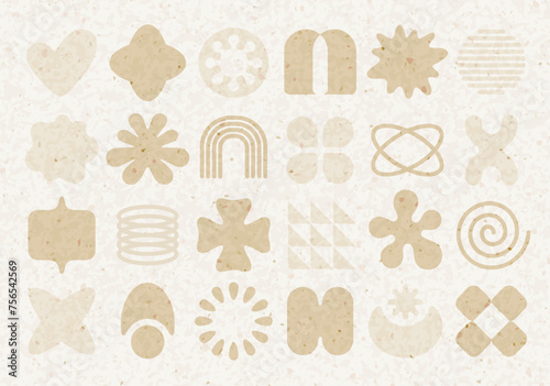 Abstract graphic element with craft rice paper texture. Icons and shapes in y2k style and old cardboard effect. Retro simple icon. Star, flower, geometric figure shapes. Vintage craft paper vector set
