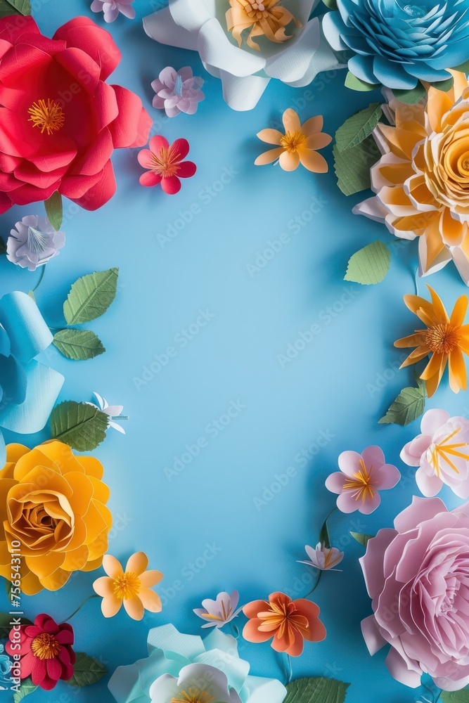Colorful Paper Spring Flowers. Floral Frame on Light Blue Background. Greeting card with space, top view. Mother's Day, Woman's Day, Easter, Valentine's Day, Wedding, and Birthday celebration concept.