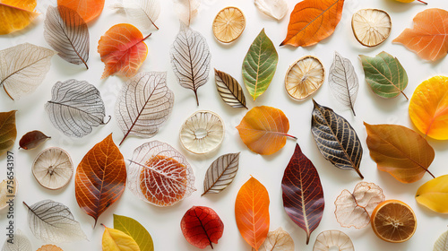 A vibrant assortment of transparent skeletal leaves and citrus slices on a white background. photo