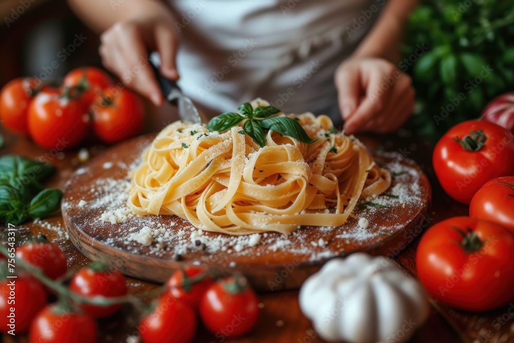 A harmonious blend of textures and colors with a plate of Italian pasta surrounded by fresh ingredients on a wooden surface A harmonious blend of textures and colors with a plate of Italian pasta surrounded by fresh ingredients on a wooden surface