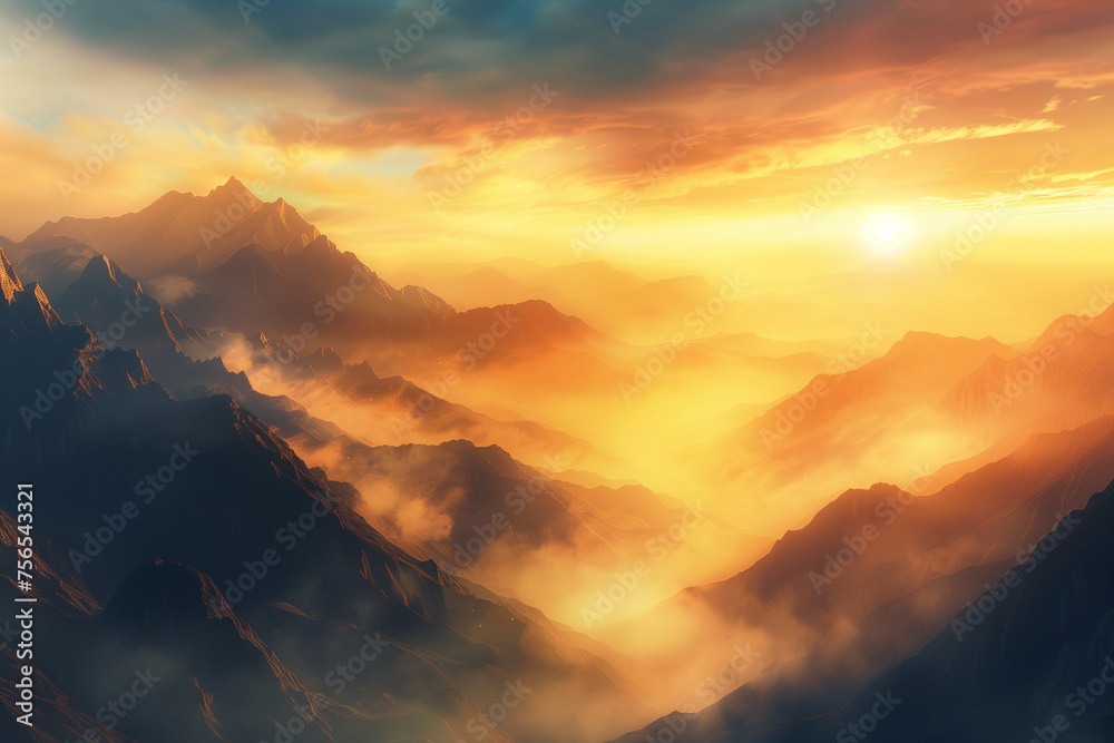 A dramatic mountain landscape at dawn, with misty peaks and golden hues, ideal for a message of inspiration or adventure