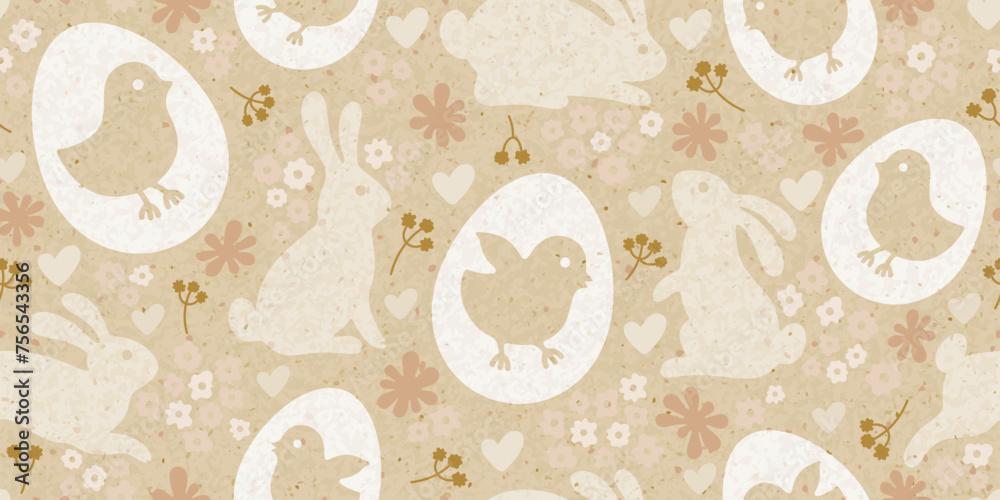 Easter egg, bunny, chicken on craft paper. Beige floral background. Spring seamless pattern with rabbits, flowers, chickens in egg on retro rice paper. Easter craft pattern vector vintage illustration - obrazy, fototapety, plakaty 