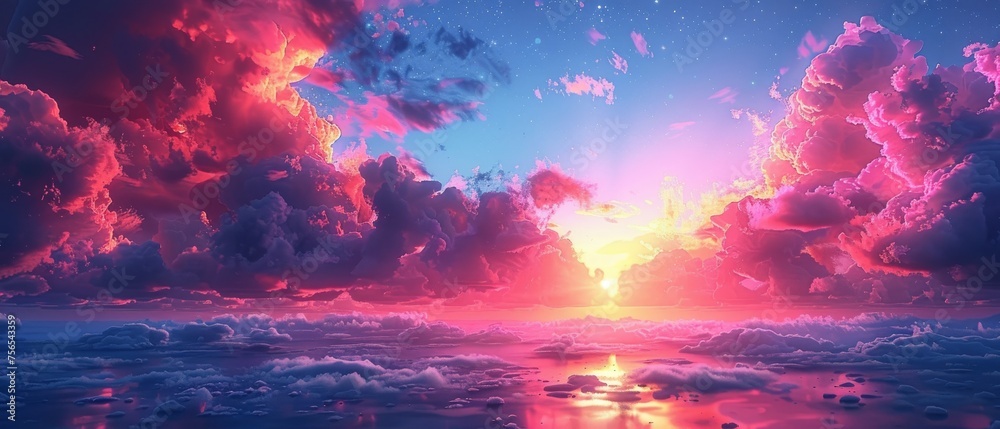 An orange, purple, and pink sunset. A beautiful evening sky with clouds for a design background.